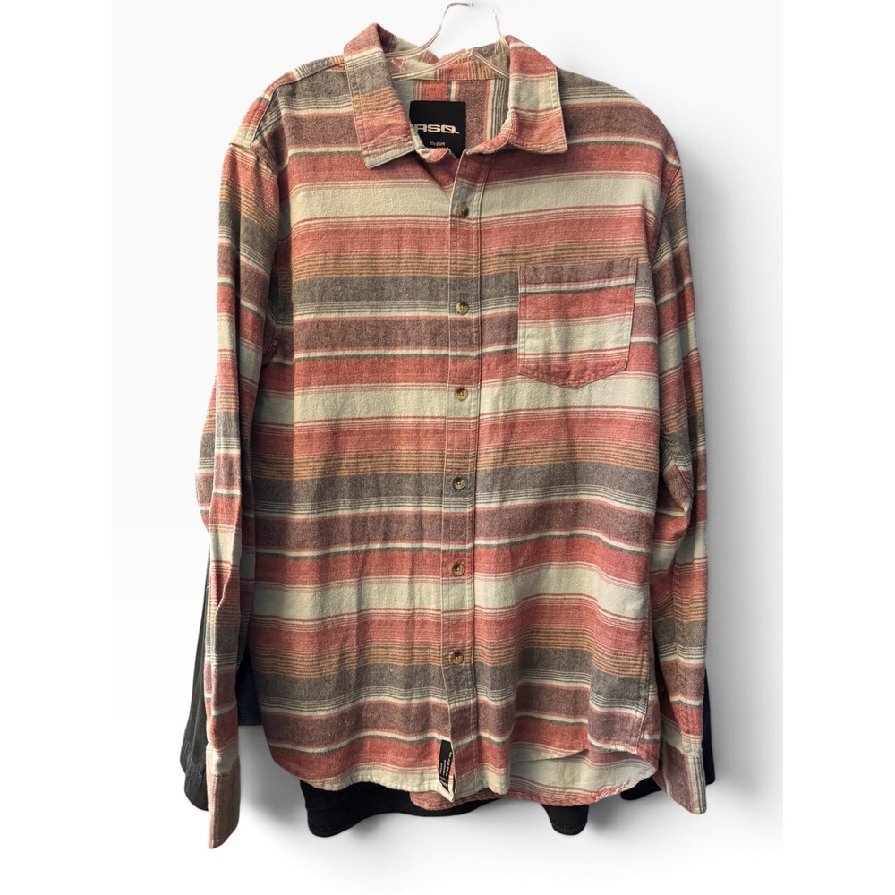 RSQ Mens Flannel Button Down Shirt Medium Red Turq Striped Long Sleeve Pocket